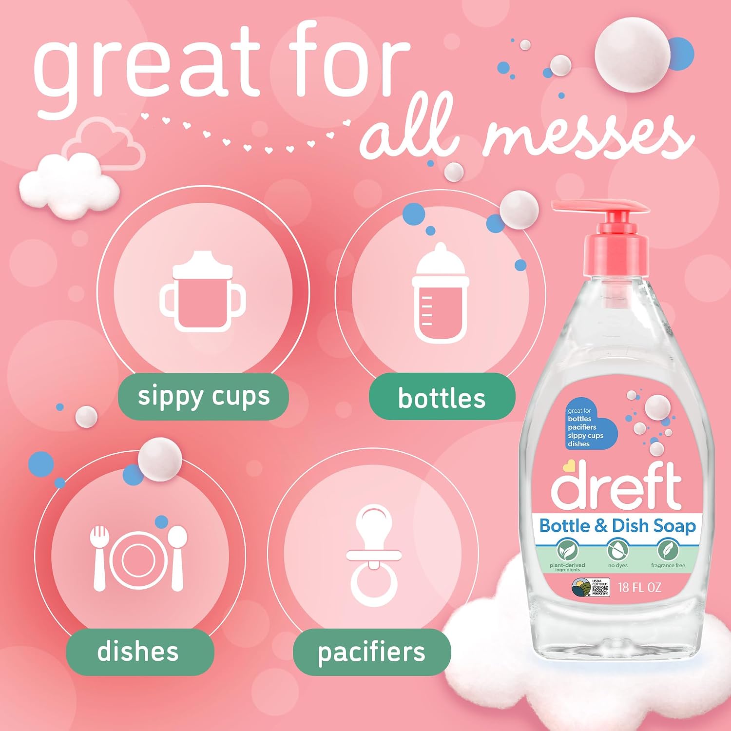 DREFT Jabón para botellas y platos | Hecho para limpiar biberones, tazas para beber, chupetes, sacaleches y más, elimina suavemente la película de leche y los olores, a base de plantas