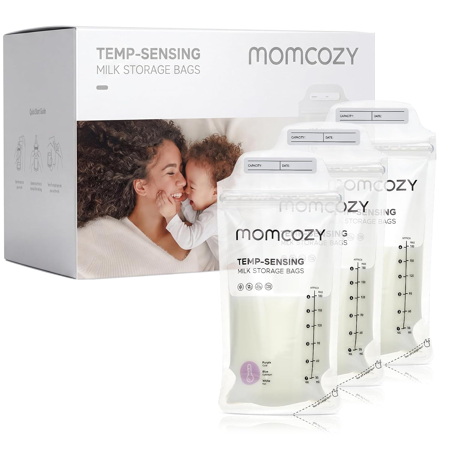 Momcozy 120 Bolsas de almacenamiento de leche materna, bolsas de almacenamiento de leche con detección de temperatura para lactancia materna, bolsa de almacenamiento de leche desechable de  6 onzas