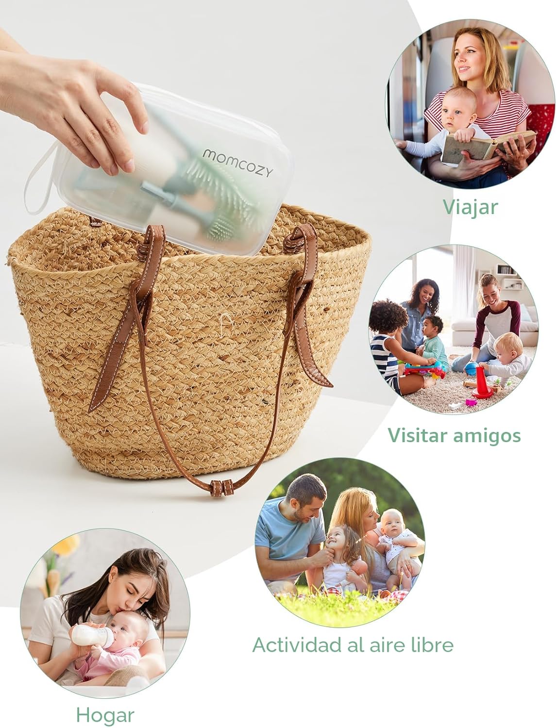 Momcozy - Kit de Cepillos para Biberón, Diseño Innovador de Presionar-Empujar para Mejor Limpieza - Cepillo Limpiador de Biberón para Biberón de Bebé, Extractores de Leche, Pezones y Más, Color Verde