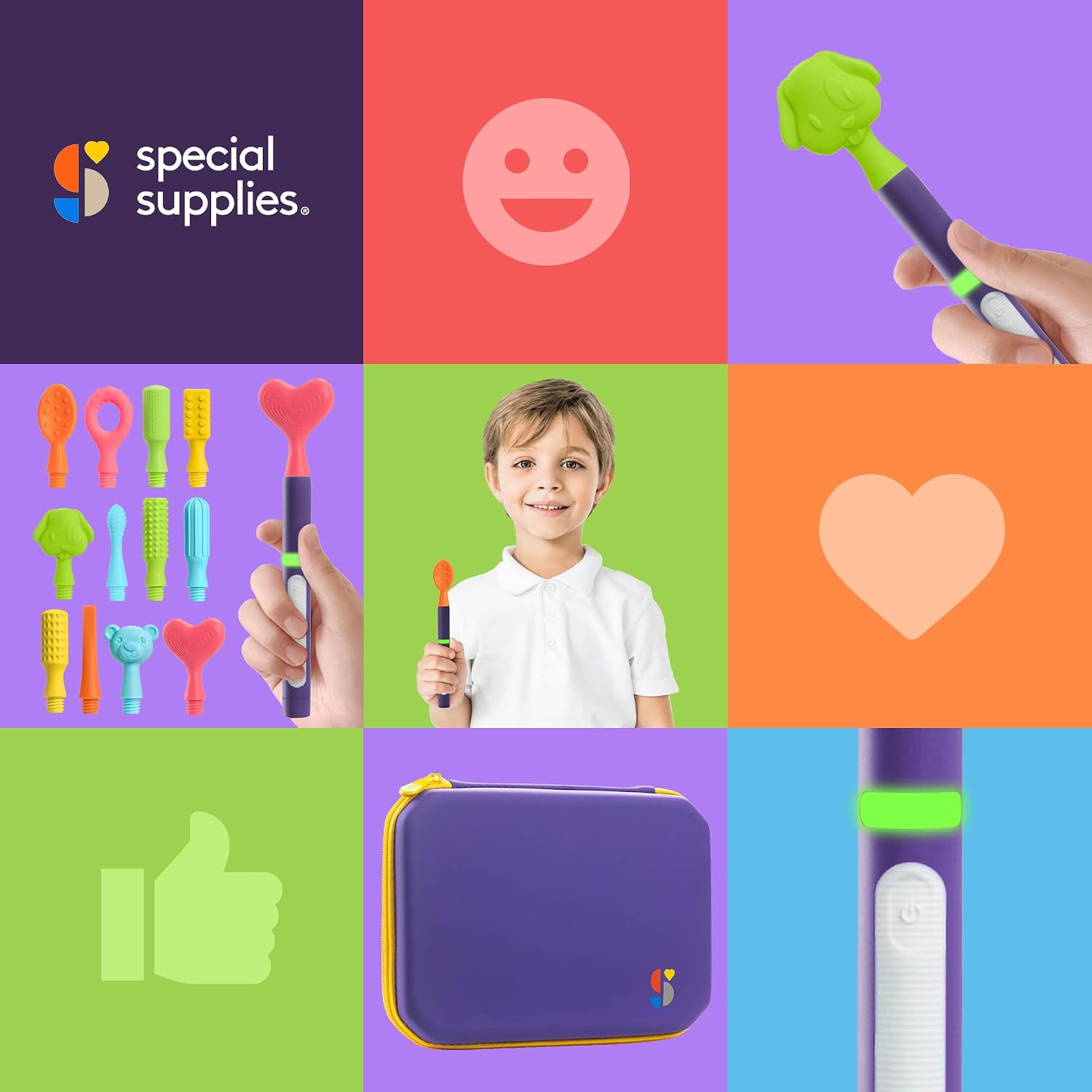 Special Supplies Buzz Buddy Kit de estimulación motora oral con 6 cabezales intercambiables de textura suave, calma las necesidades sensoriales, apoya el habla y estimula la autoalimentación, vibraciones suaves