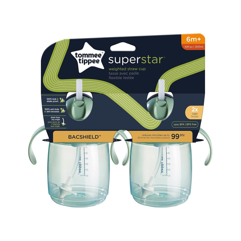 Tommee Tippee Starter - Vaso para sorber de 10 onzas para bebés y niños pequeños, con pajilla con peso de silicona y asas de fácil agarre, sin BPA.
