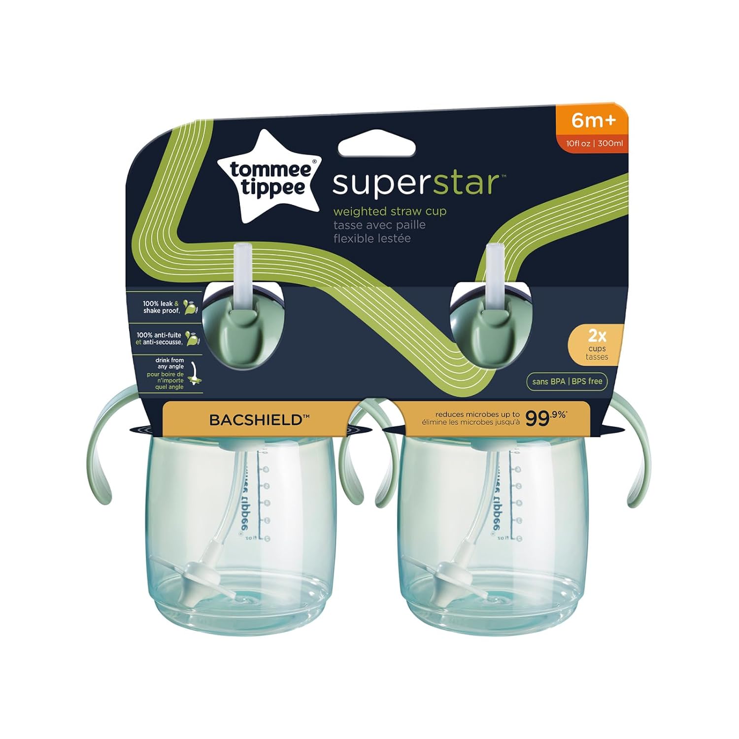 Tommee Tippee Starter - Vaso para sorber de 10 onzas para bebés y niños pequeños, con pajilla con peso de silicona y asas de fácil agarre, sin BPA.