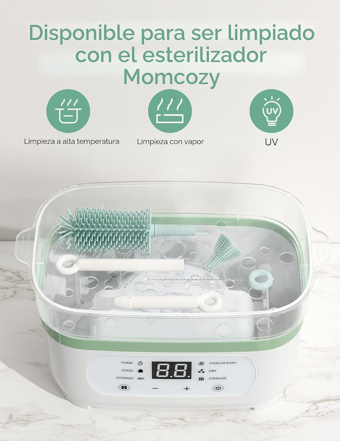 Momcozy Juego de cepillos para biberones, kit limpiador de biberones con cepillo de silicona, cepillo para pezones, cepillo para pajilla, dispensador de jabón, estante de secado, herramienta de limpieza de botellas 7 en 1 para el hogar y viajes, verde