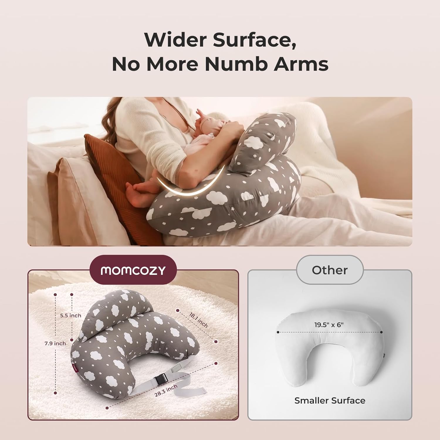 Momcozy - Almohada de lactancia original con valla de seguridad innovadora, más ancha para mayor soporte a mamá y bebé, facilita la lactancia manos libres, apta para todos, funda de algodón removible