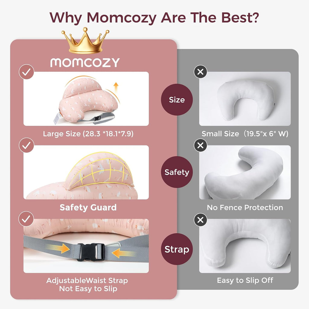 Momcozy Almohada de lactancia original para lactancia materna, innovador protector de seguridad, almohadas de alimentación más anchas para más apoyo para mamá y bebé, lactancia más fácil y manos libres, apta para todos, funda de algodón extraíbl
