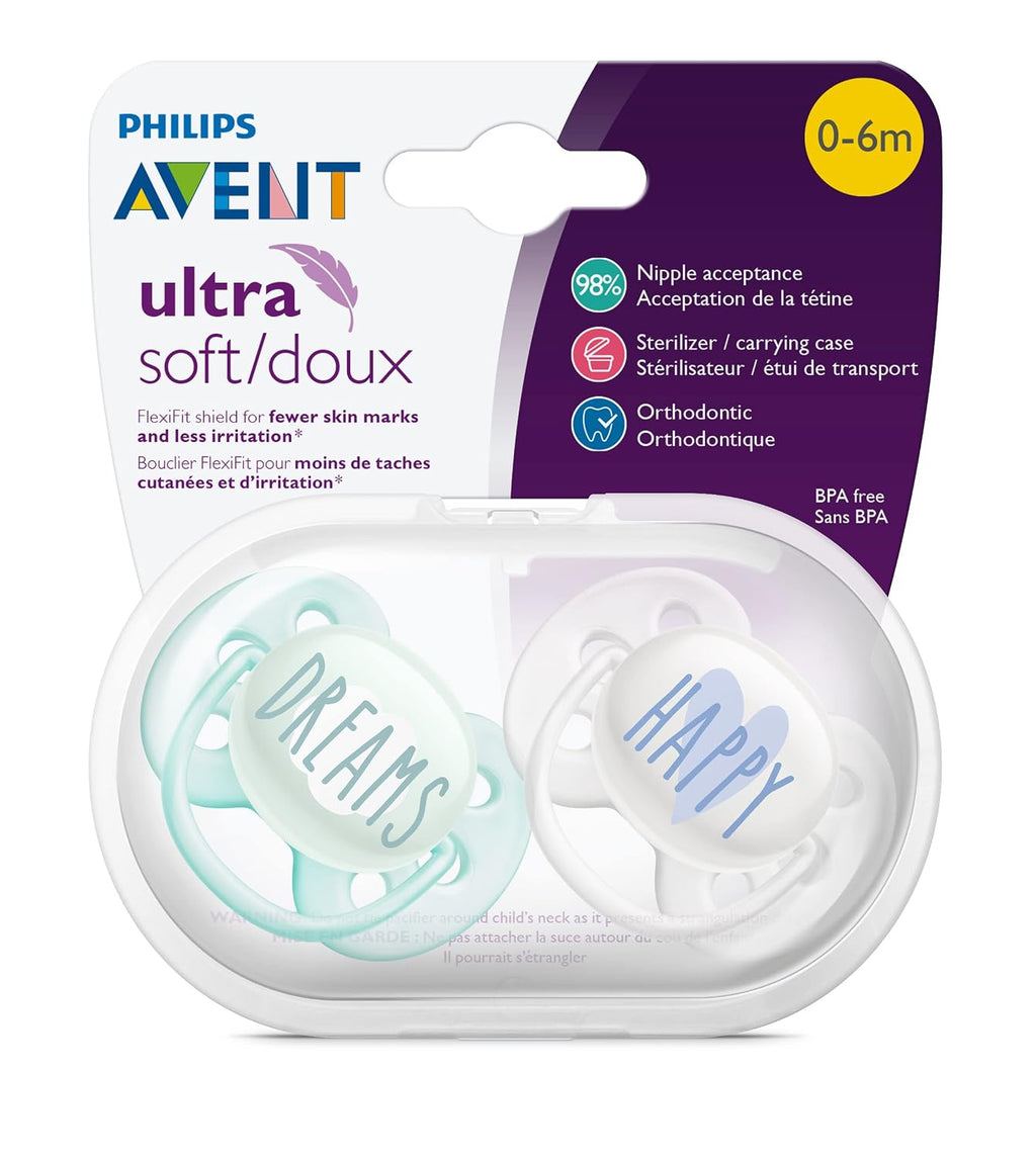 Philips Avent, Duo  Chupetes ultra suaves, diseño ortodóntico, para bebés de 0 a 6 meses, escudo flexible, pezón simétrico de silicona, sin BPA