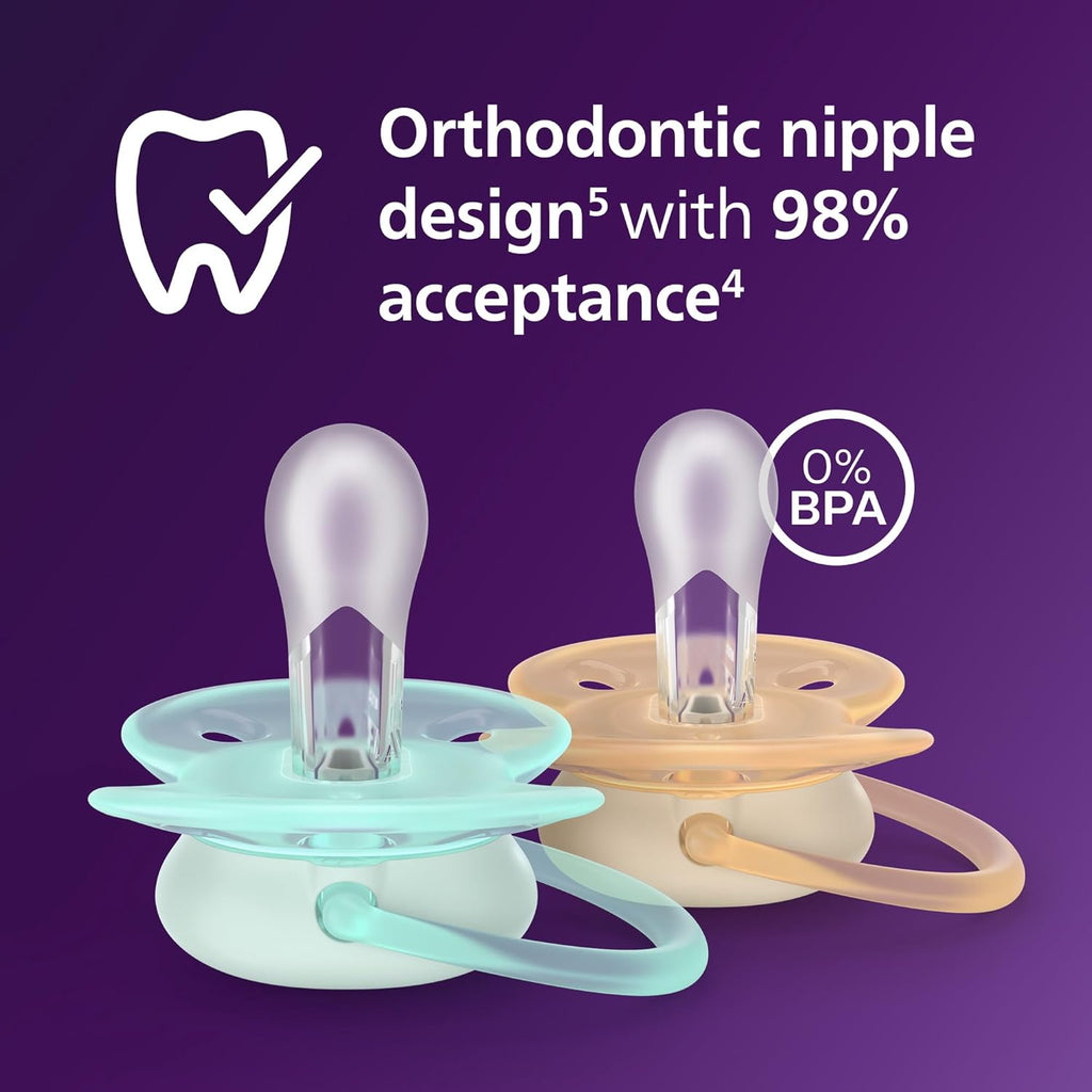 Philips Avent, Duo  Chupetes ultra suaves, diseño ortodóntico, para bebés de 0 a 6 meses, escudo flexible, pezón simétrico de silicona, sin BPA
