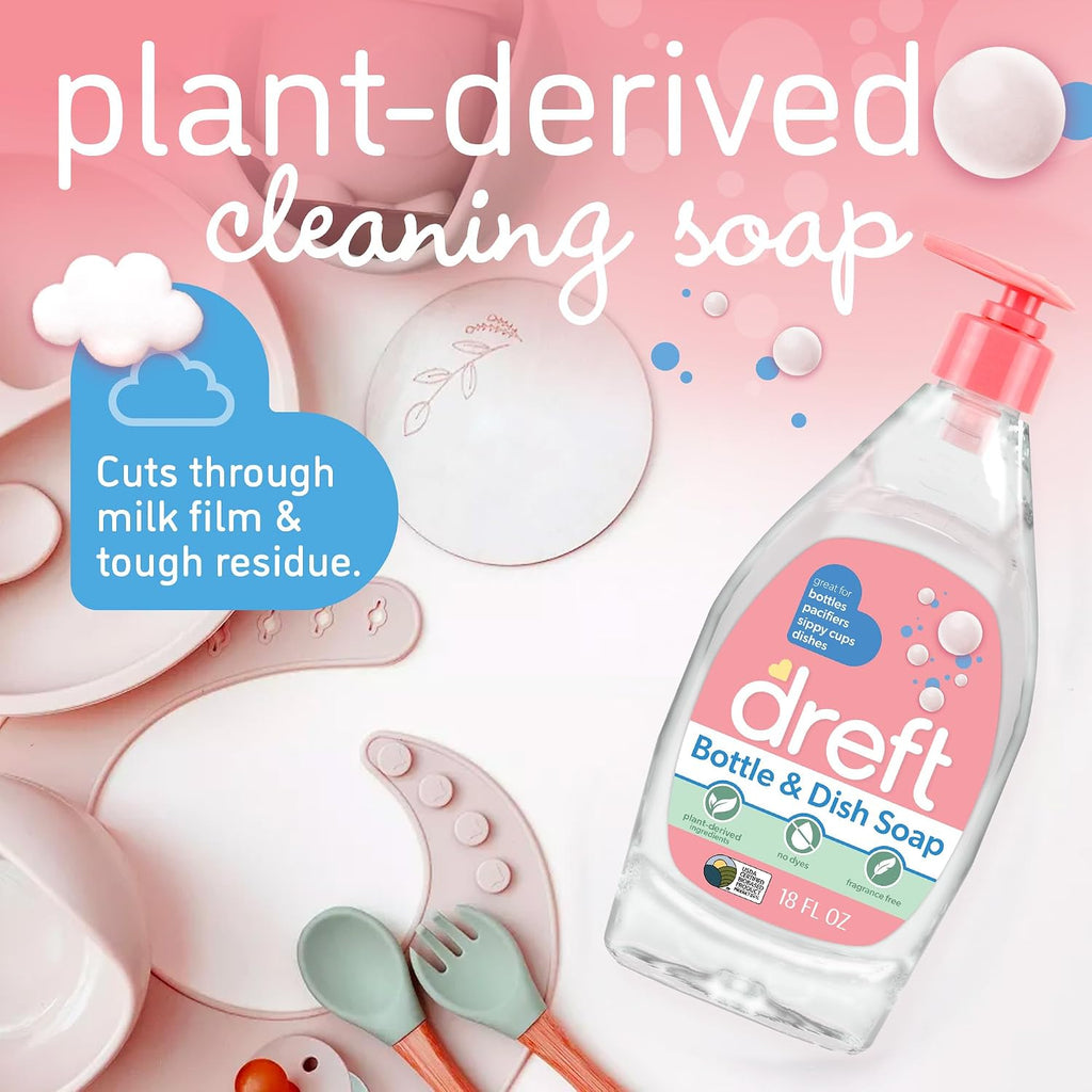 DREFT Jabón para botellas y platos | Hecho para limpiar biberones, tazas para beber, chupetes, sacaleches y más, elimina suavemente la película de leche y los olores, a base de plantas