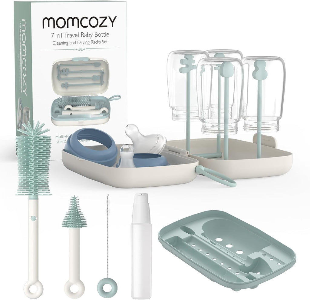 Momcozy Juego de cepillos para biberones, kit limpiador de biberones con cepillo de silicona, cepillo para pezones, cepillo para pajilla, dispensador de jabón, estante de secado, herramienta de limpieza de botellas 7 en 1 para el hogar y viajes, verde