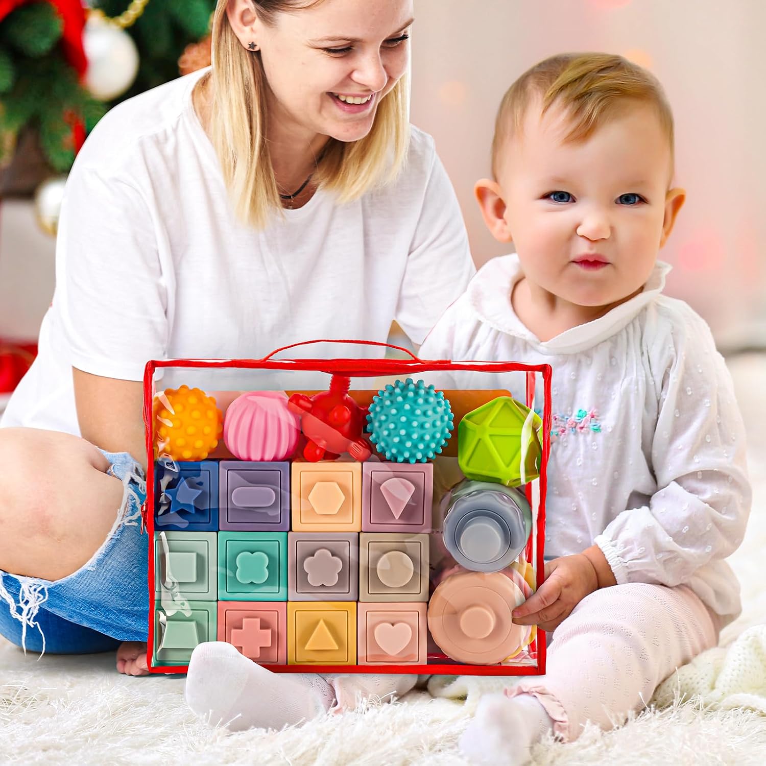 Juguetes Montessori 3 en 1 para bebés de 0-3-6-12 meses, dentición suave para bebés, bloques de construcción apilables para bebés, juguetes educativos para el desarrollo sensorial