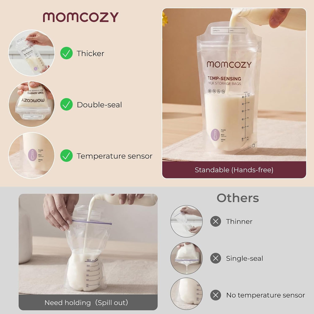 Momcozy 50 Bolsas de almacenamiento de leche materna, bolsas de almacenamiento de leche con detección de temperatura para lactancia materna, bolsa de almacenamiento de leche desechable de  6 onzas