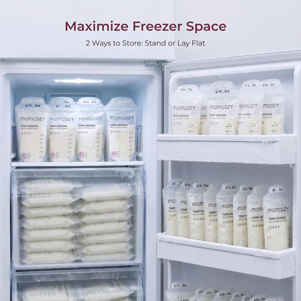 Momcozy 50 Bolsas de almacenamiento de leche materna, bolsas de almacenamiento de leche con detección de temperatura para lactancia materna, bolsa de almacenamiento de leche desechable de  6 onzas