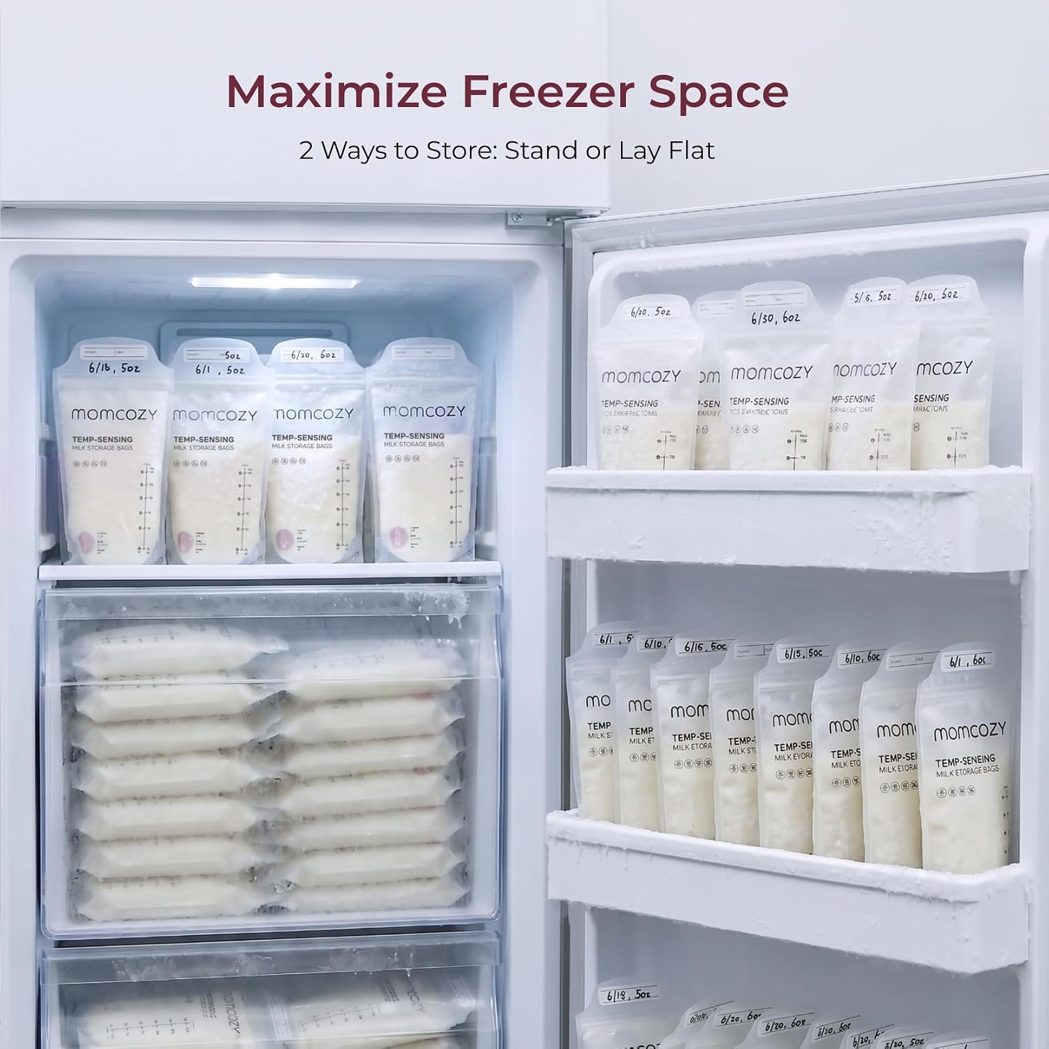 Momcozy 50 Bolsas de almacenamiento de leche materna, bolsas de almacenamiento de leche con detección de temperatura para lactancia materna, bolsa de almacenamiento de leche desechable de  6 onzas