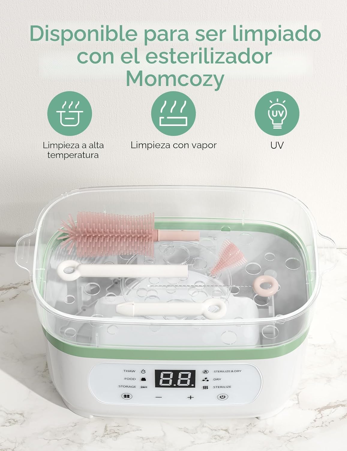 Momcozy Juego de Cepillos para Biberones, Kit Limpiador con Cepillo de Silicona para Pezón y Pajita, Dispensador de Jabón, Estante de Secado - Herramienta de Limpieza de Biberones 7 en 1 para el Hogar