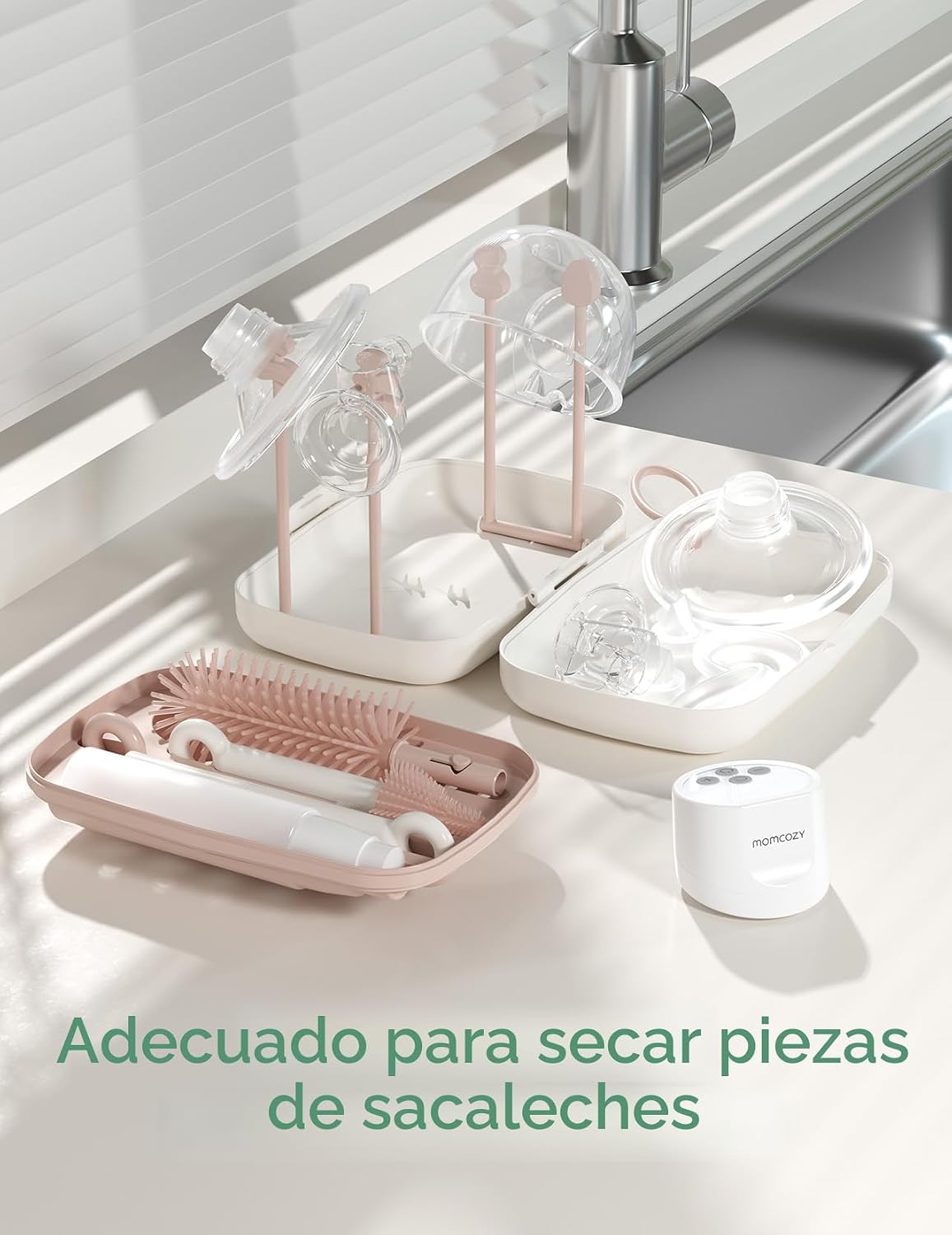 Momcozy Juego de Cepillos para Biberones, Kit Limpiador con Cepillo de Silicona para Pezón y Pajita, Dispensador de Jabón, Estante de Secado - Herramienta de Limpieza de Biberones 7 en 1 para el Hogar