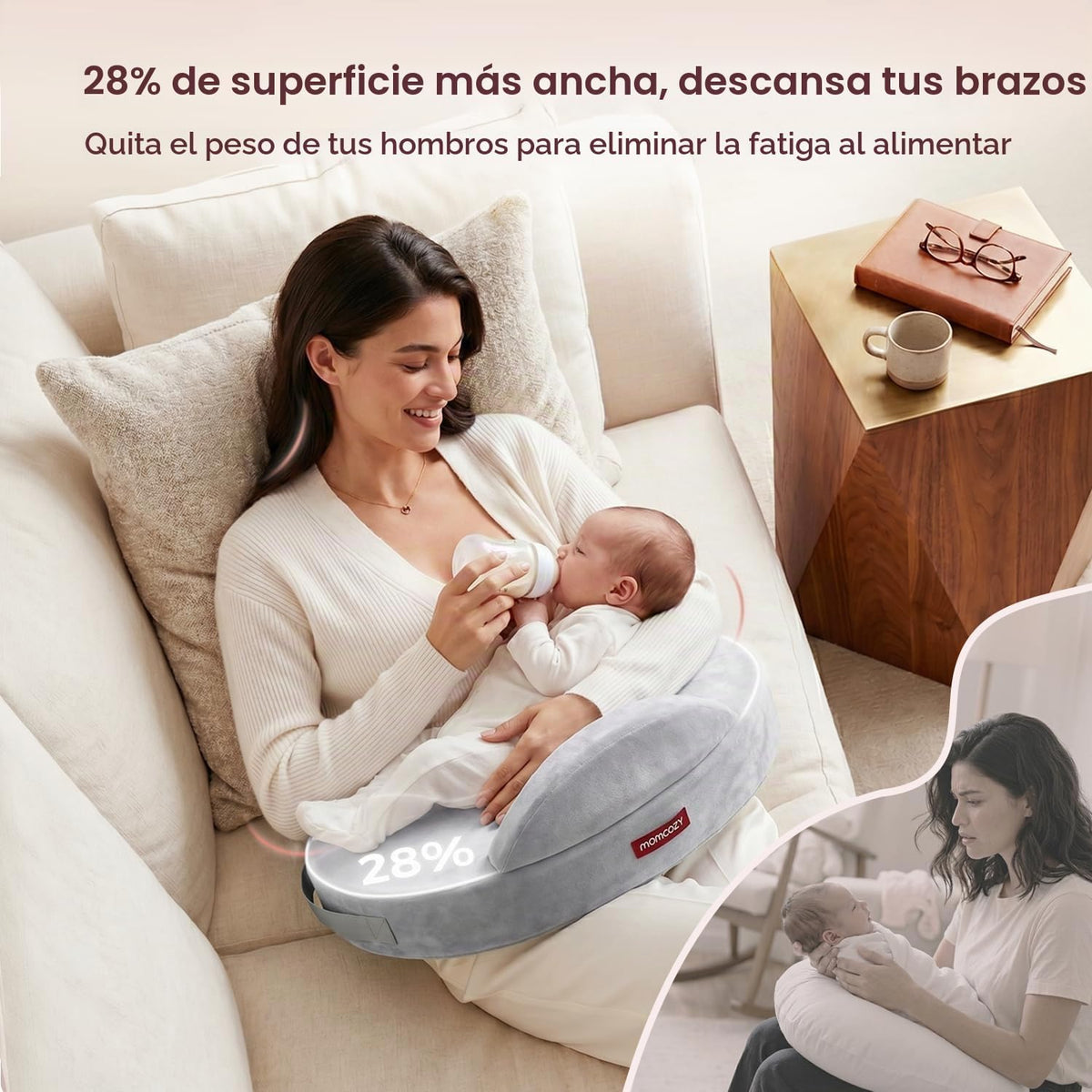Momcozy - Almohada de lactancia Cozylite con valla de seguridad innovadora, más ancha para mayor soporte a mamá y bebé, facilita la lactancia manos libres