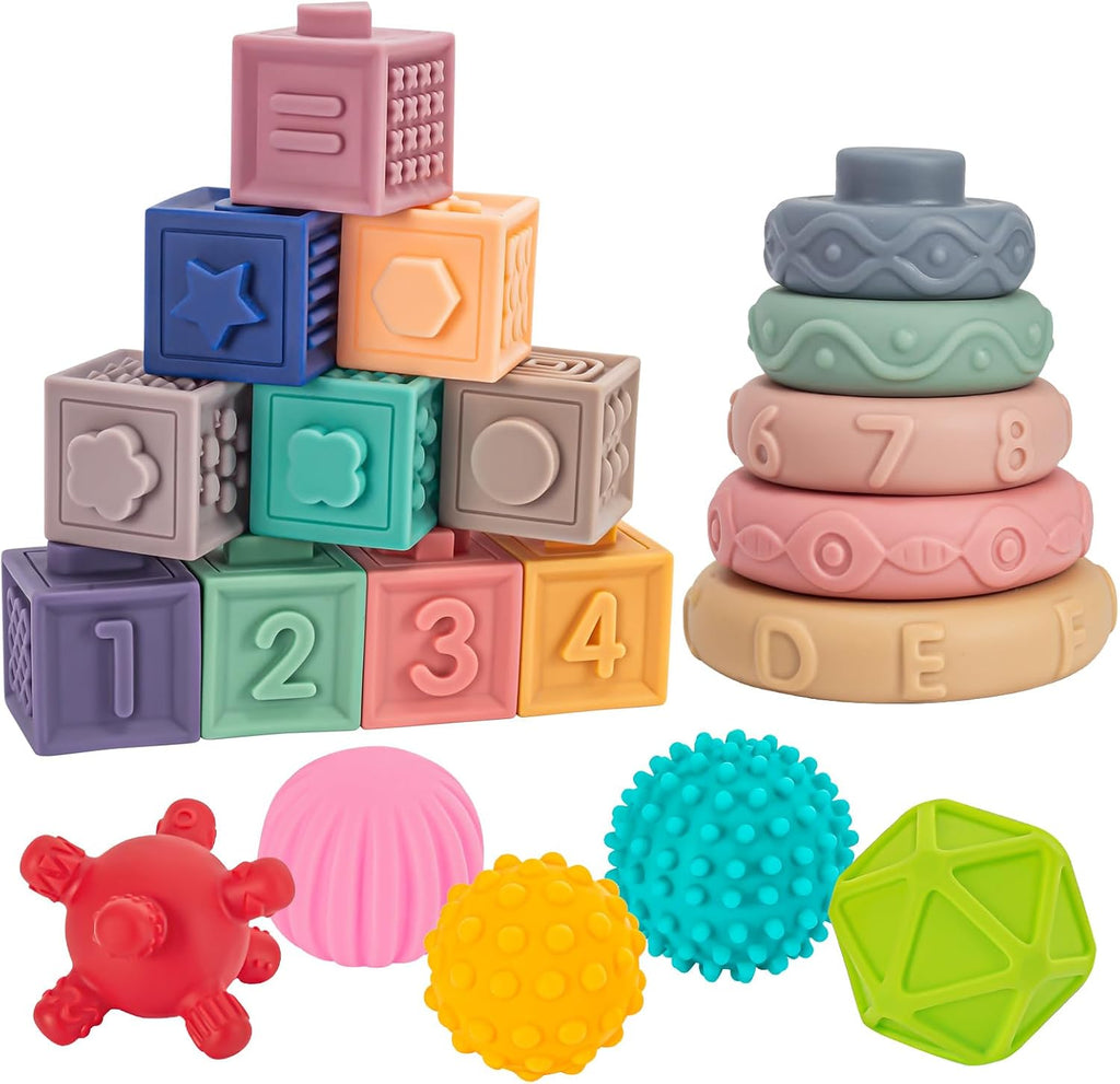 Juguetes Montessori 3 en 1 para bebés de 0-3-6-12 meses, dentición suave para bebés, bloques de construcción apilables para bebés, juguetes educativos para el desarrollo sensorial