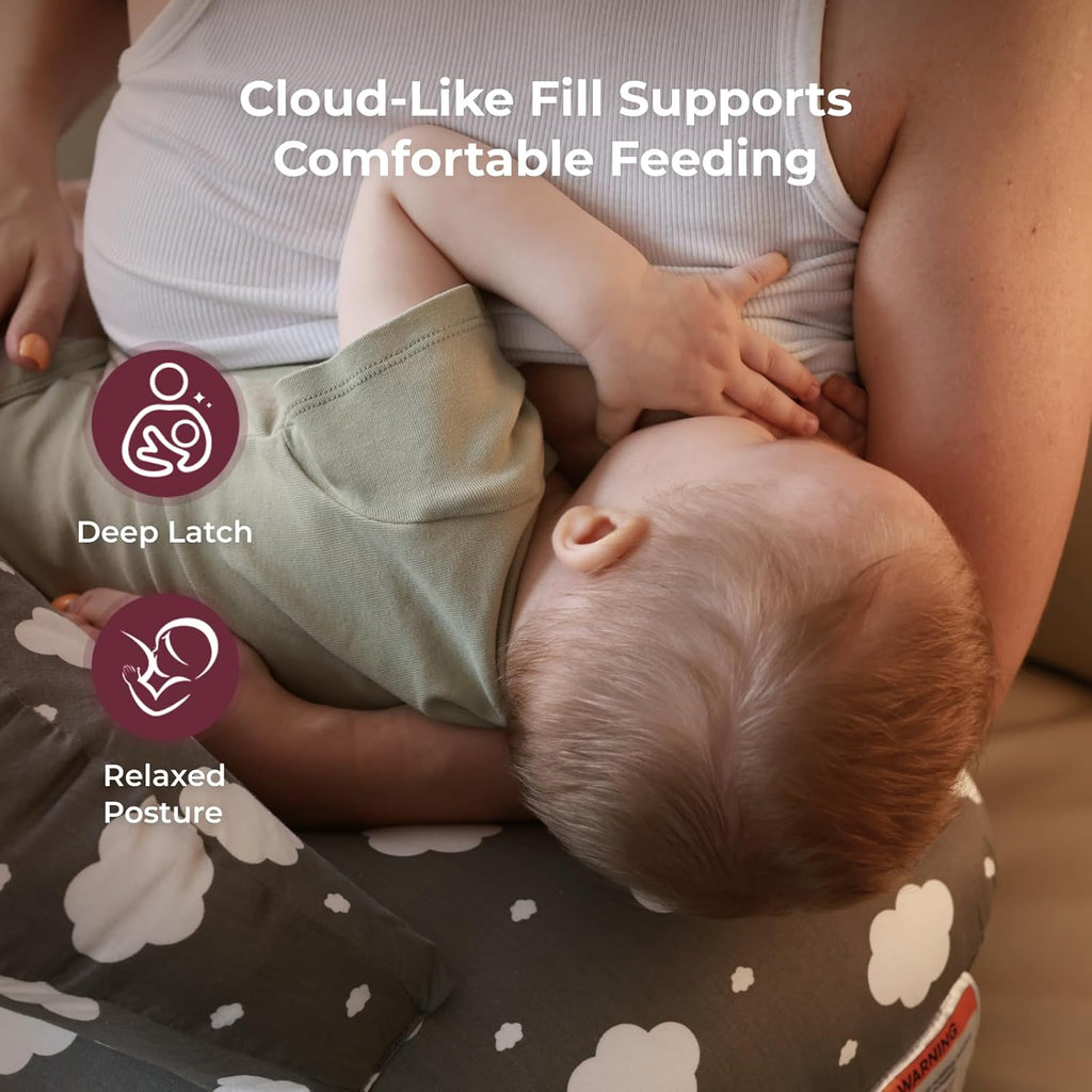Momcozy - Almohada de lactancia original con valla de seguridad innovadora, más ancha para mayor soporte a mamá y bebé, facilita la lactancia manos libres, apta para todos, funda de algodón removible
