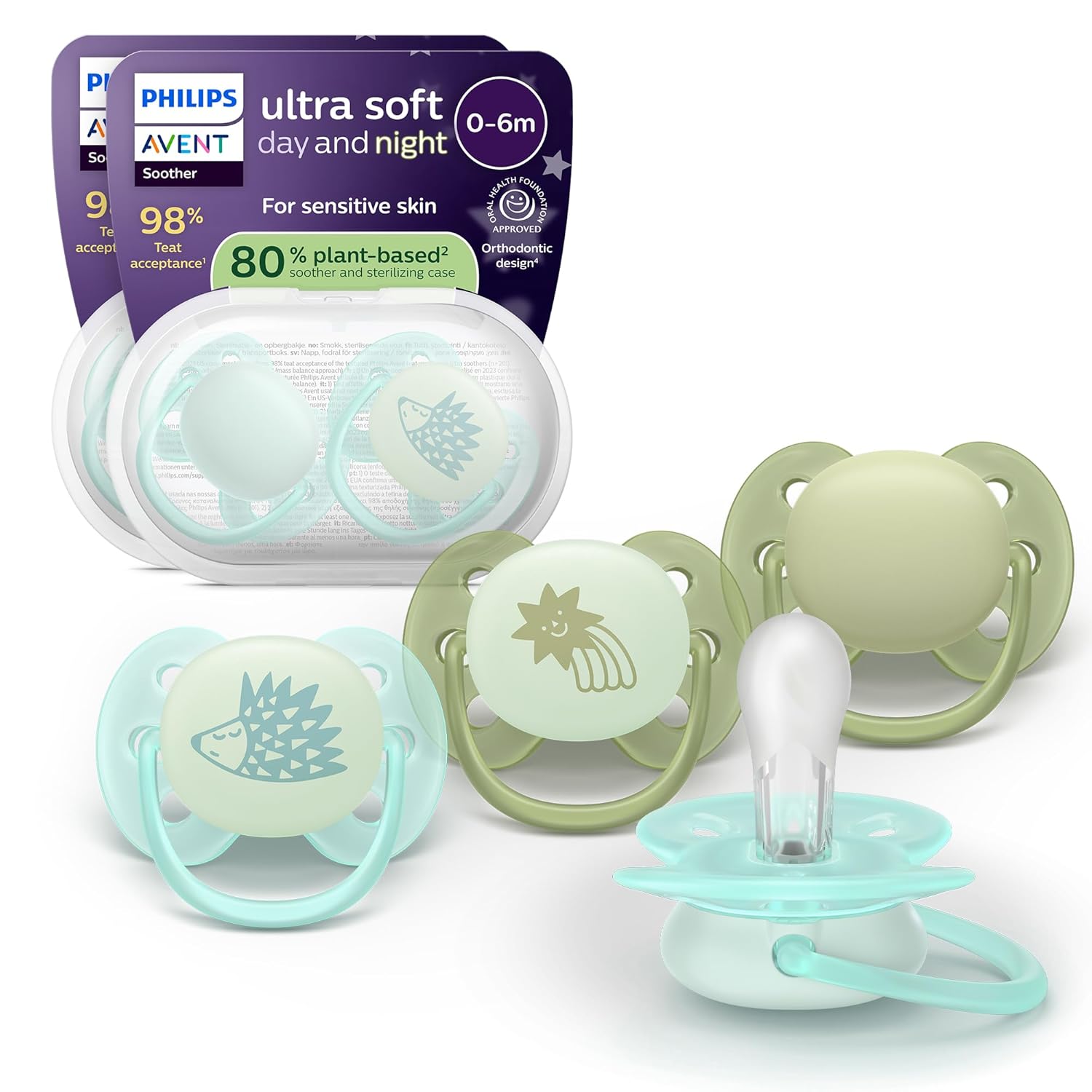 Philips Avent, Duo Chupetes ultra suaves, diseño ortodóntico, para bebés de 0-6  meses, escudo flexible, pezón simétrico de silicona, sin BPA