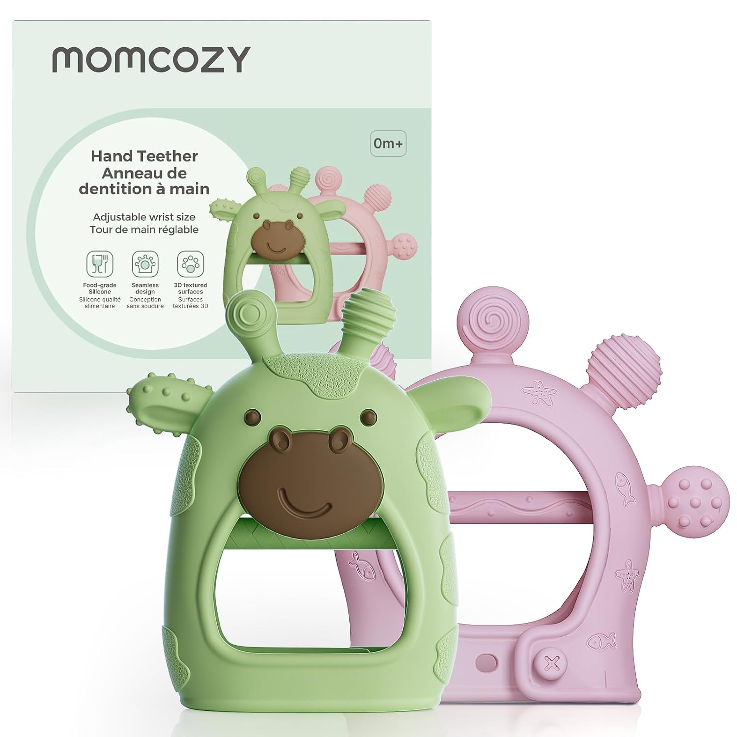 Momcozy - Juguetes de Dentición para Bebés, Alivio de Dentición de Silicona de Grado Alimentario 0-6 Meses, Verde y Rosa