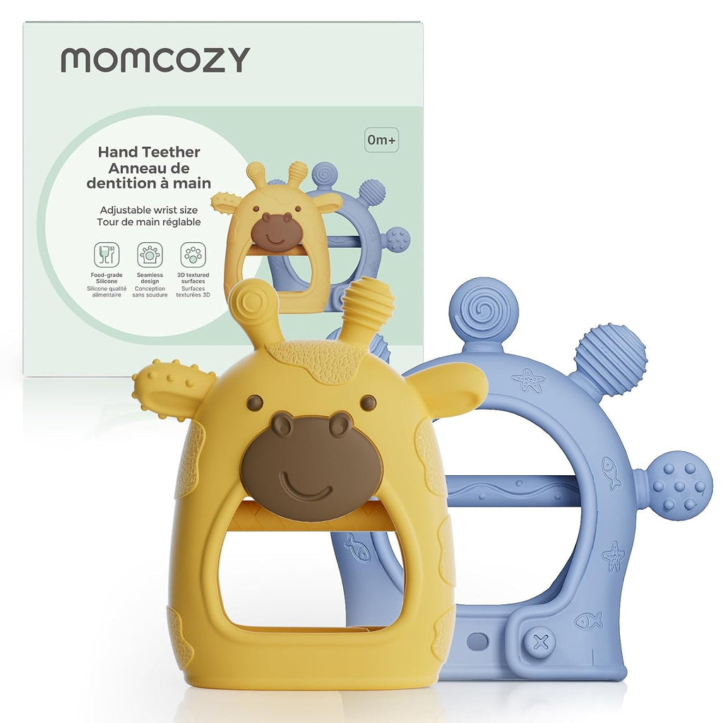Momcozy Juguetes de Dentición para Bebés | Aliviamiento de Dentición de Silicona de Grado Alimentario 0-6 Meses | Juguete 6-12 Meses | Esencial para Bebé | Amarillo y Azul