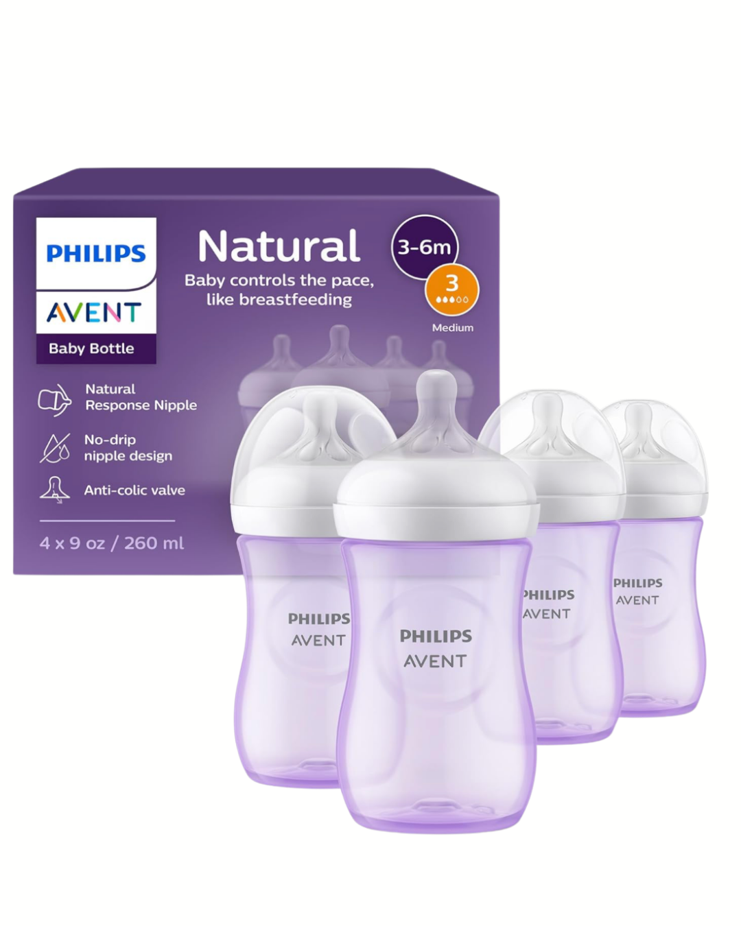 Avent Natural Reponse 3.0 Set de 4 biberones de 9 onz. con tetina no. 3, color morado, paquete de 4