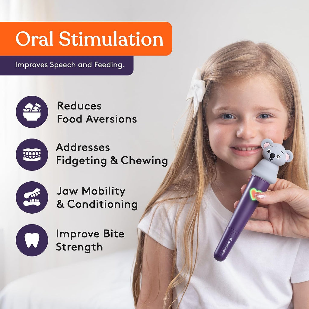 Special Supplies Buzz Pal - Kit de estimulación motora oral con cabezal intercambiable de textura suave, necesidades sensoriales tranquilas, habla de apoyo y autoalimentación, vibraciones suaves (koala)