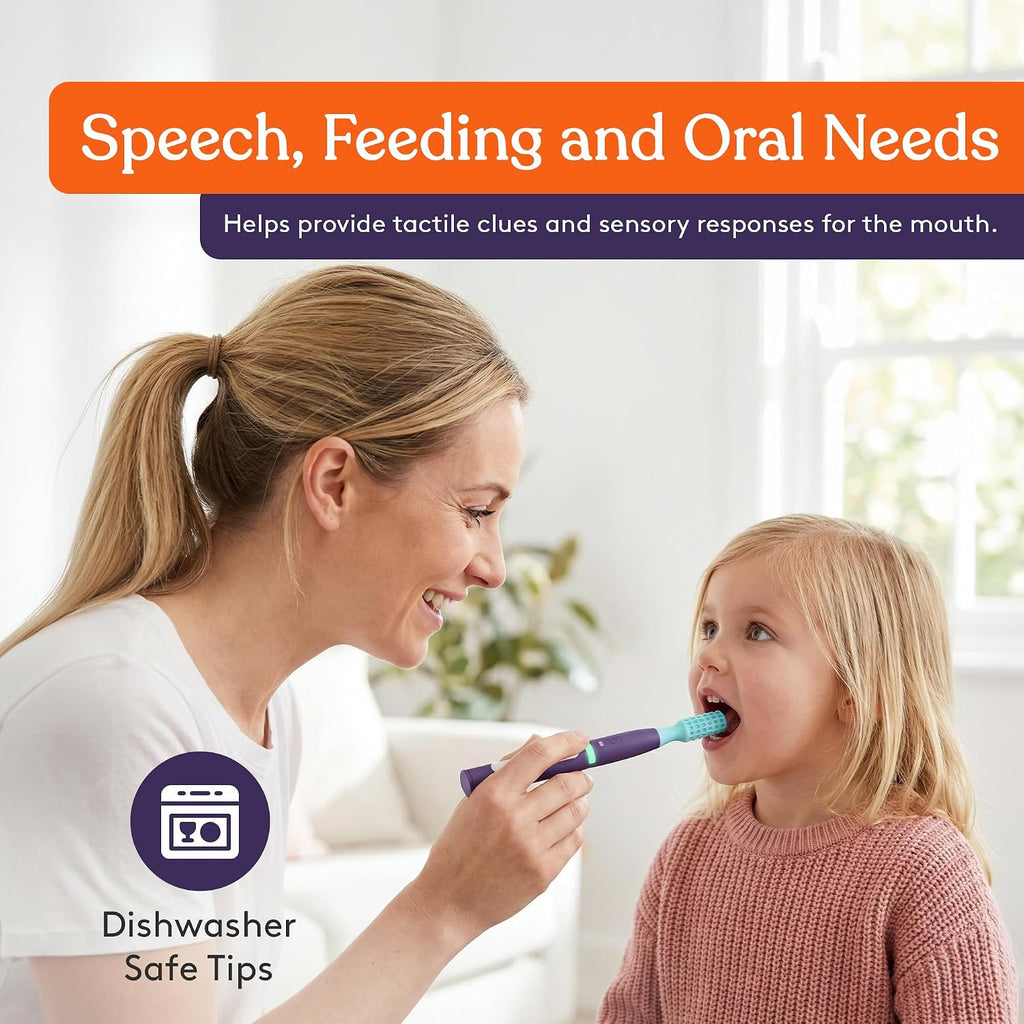 Special Supplies Buzz Buddy Kit de estimulación motora oral con 6 cabezales intercambiables de textura suave, calma las necesidades sensoriales, apoya el habla y estimula la autoalimentación, vibraciones suaves