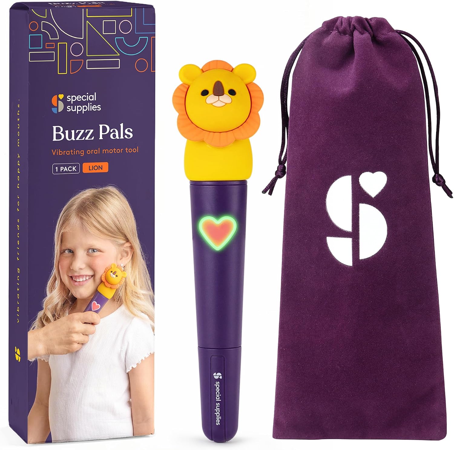 Special Supplies Buzz Pal - Kit de estimulación motora oral con cabezal intercambiable de textura suave, necesidades sensoriales tranquilas, habla de apoyo y autoalimentación, vibraciones suaves (león)