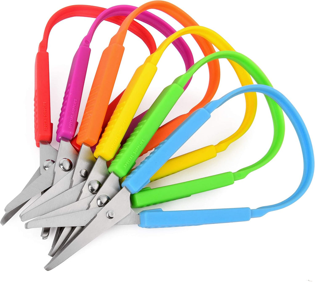 Special Supplies Mini tijeras de bucle para niños y adolescentes y 5.5 pulgadas (paquete de 6) con bucles coloridos, diseño adaptativo, soporte derecho e izquierdo, asas pequeñas y fáciles de abrir