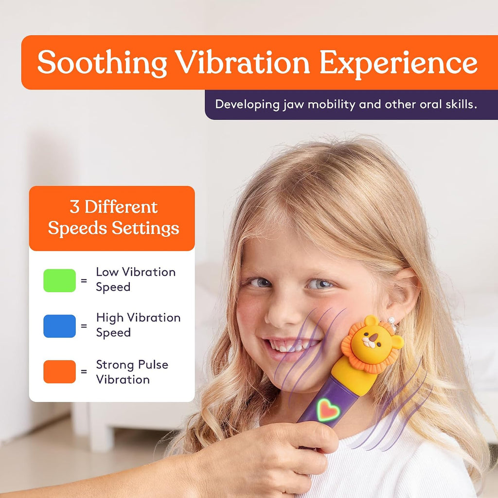 Special Supplies Buzz Pal - Kit de estimulación motora oral con cabezal intercambiable de textura suave, necesidades sensoriales tranquilas, habla de apoyo y autoalimentación, vibraciones suaves (león)