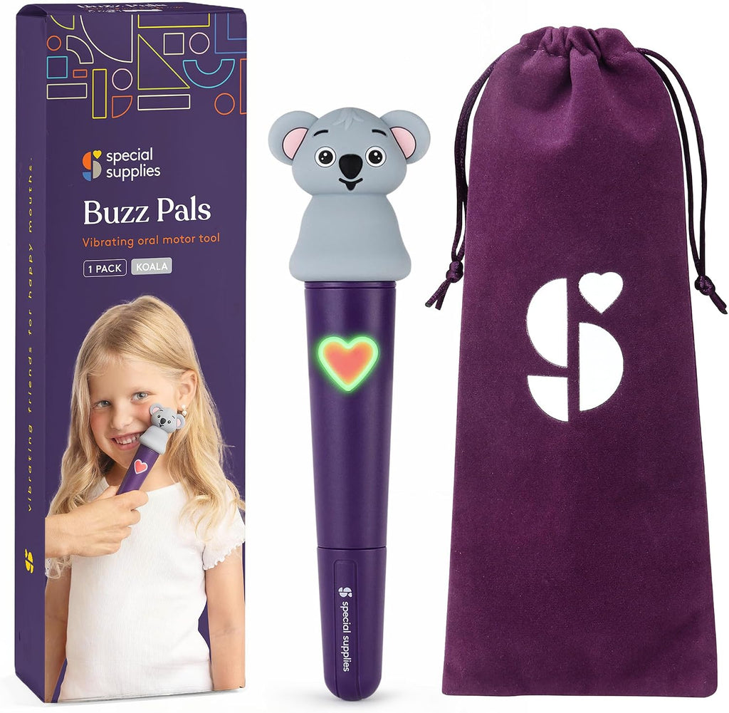 Special Supplies Buzz Pal - Kit de estimulación motora oral con cabezal intercambiable de textura suave, necesidades sensoriales tranquilas, habla de apoyo y autoalimentación, vibraciones suaves (koala)