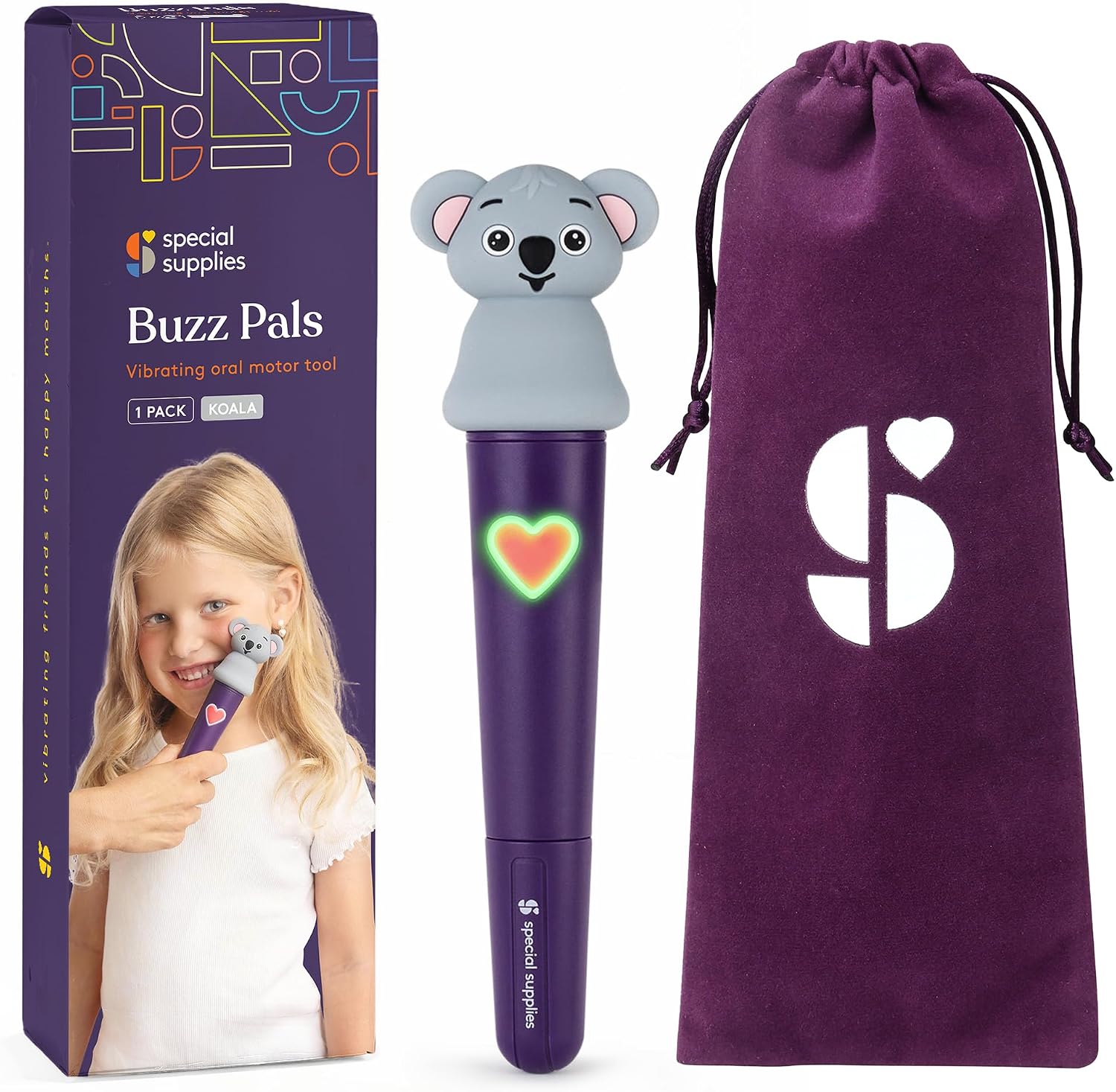 Special Supplies Buzz Pal - Kit de estimulación motora oral con cabezal intercambiable de textura suave, necesidades sensoriales tranquilas, habla de apoyo y autoalimentación, vibraciones suaves (koala)
