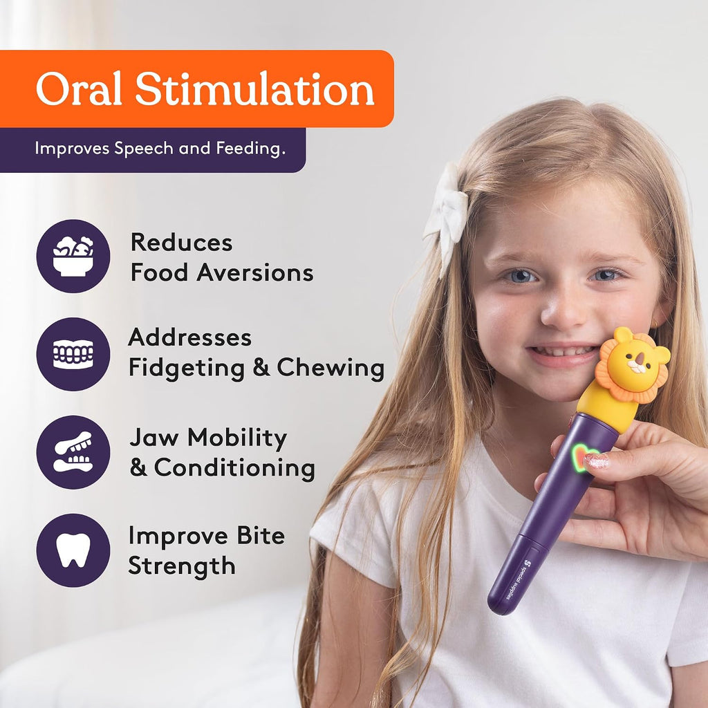 Special Supplies Buzz Pal - Kit de estimulación motora oral con cabezal intercambiable de textura suave, necesidades sensoriales tranquilas, habla de apoyo y autoalimentación, vibraciones suaves (león)