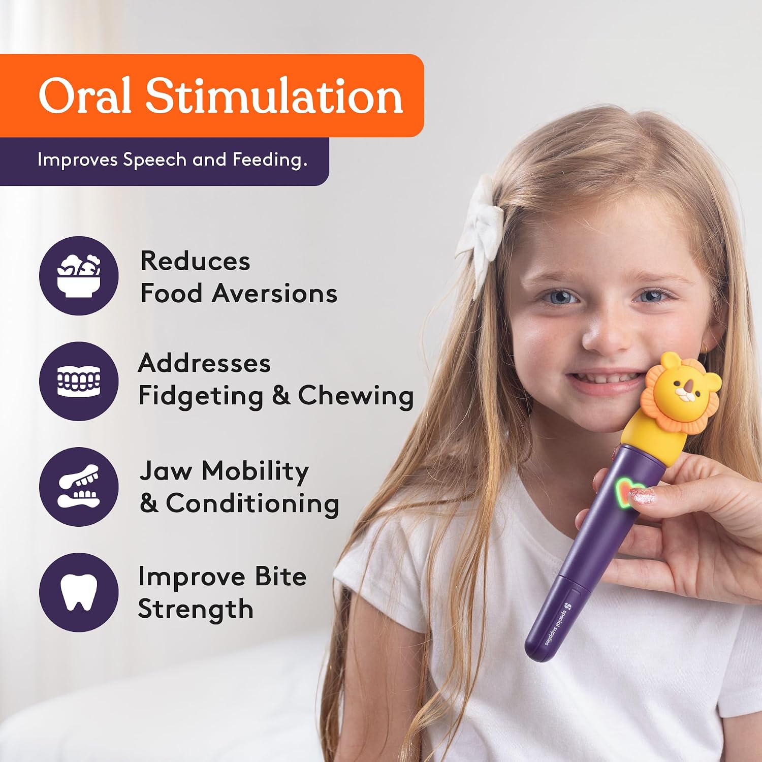 Special Supplies Buzz Pal - Kit de estimulación motora oral con cabezal intercambiable de textura suave, necesidades sensoriales tranquilas, habla de apoyo y autoalimentación, vibraciones suaves (león)