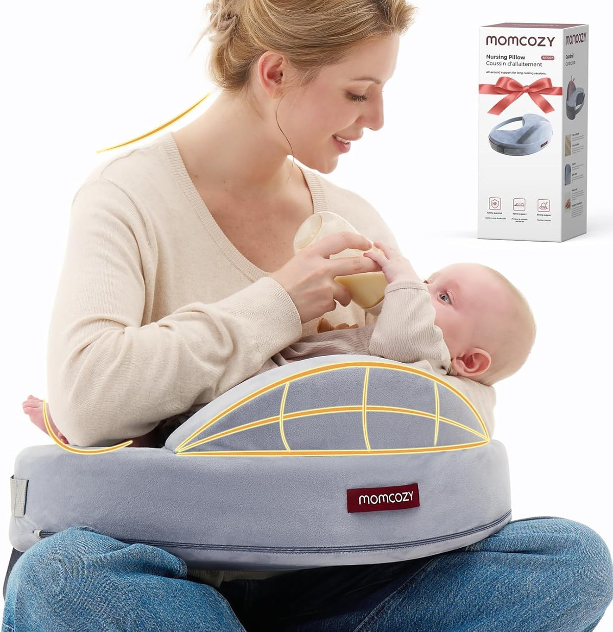 Momcozy - Almohada de lactancia Cozylite con valla de seguridad innovadora, más ancha para mayor soporte a mamá y bebé, facilita la lactancia manos libres