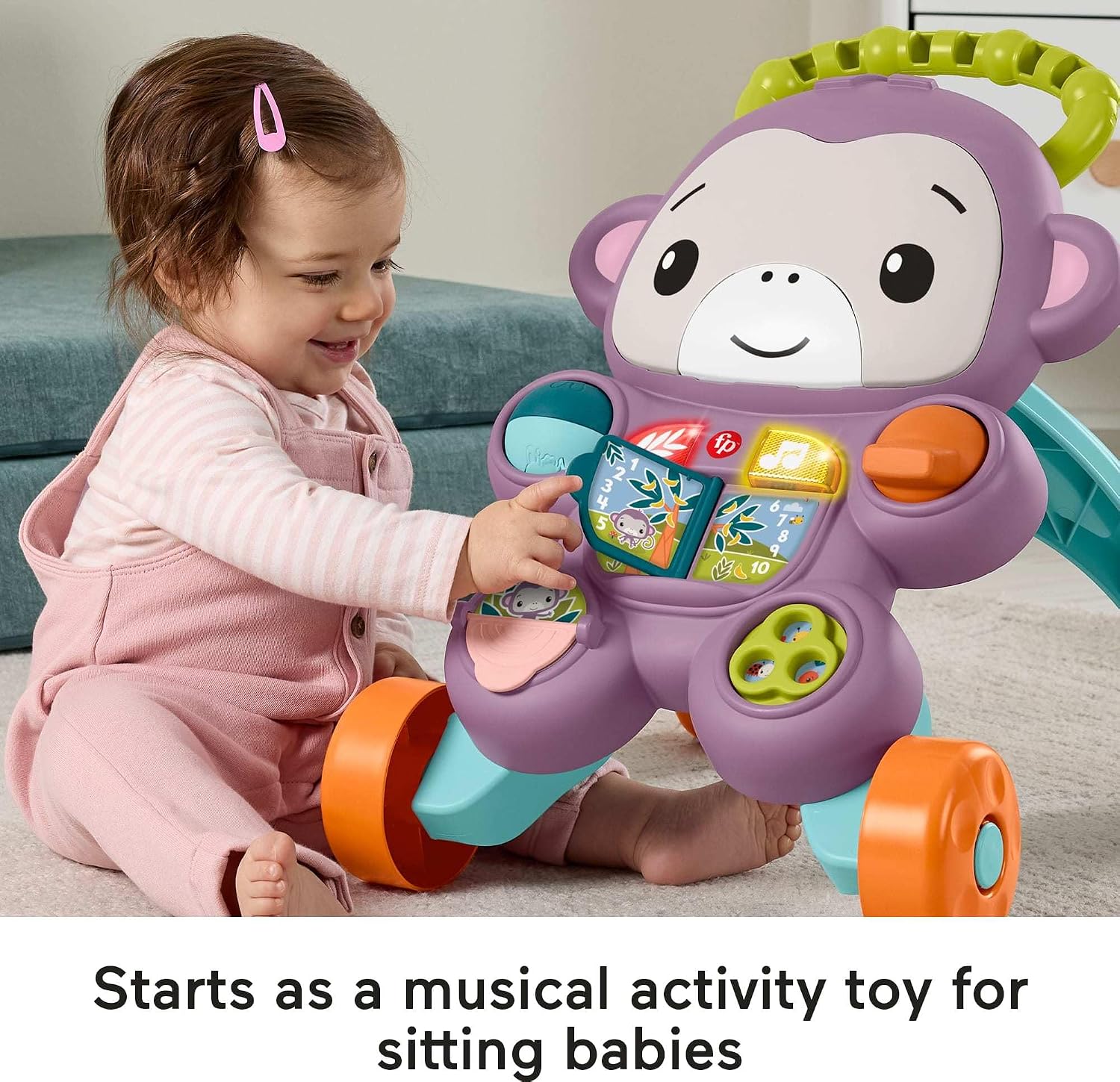 Fisher-Price Baby Walker Learn with Me - Juguete de aprendizaje de mono morado con luces musicales y actividades para bebés y niños pequeños a partir de 6 meses
