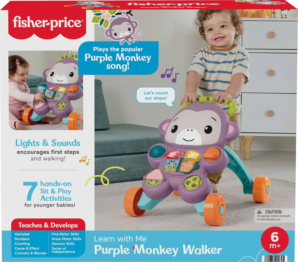 Fisher-Price Baby Walker Learn with Me - Juguete de aprendizaje de mono morado con luces musicales y actividades para bebés y niños pequeños a partir de 6 meses