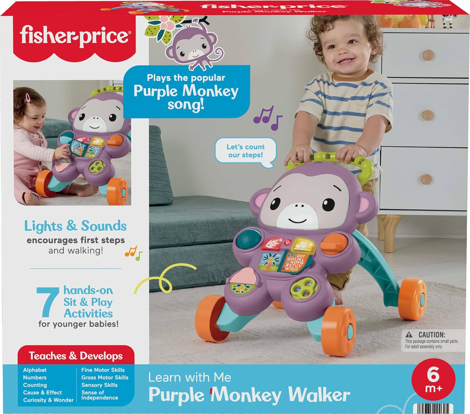 Fisher-Price Baby Walker Learn with Me - Juguete de aprendizaje de mono morado con luces musicales y actividades para bebés y niños pequeños a partir de 6 meses