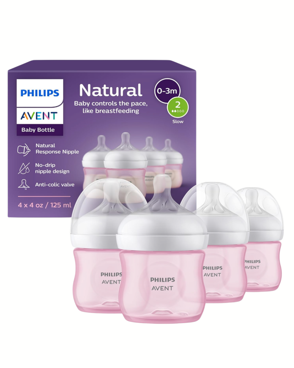 Avent Natural Reponse 3.0 Set de 4 biberones de 4 onz. con tetina no. 2, color rosado