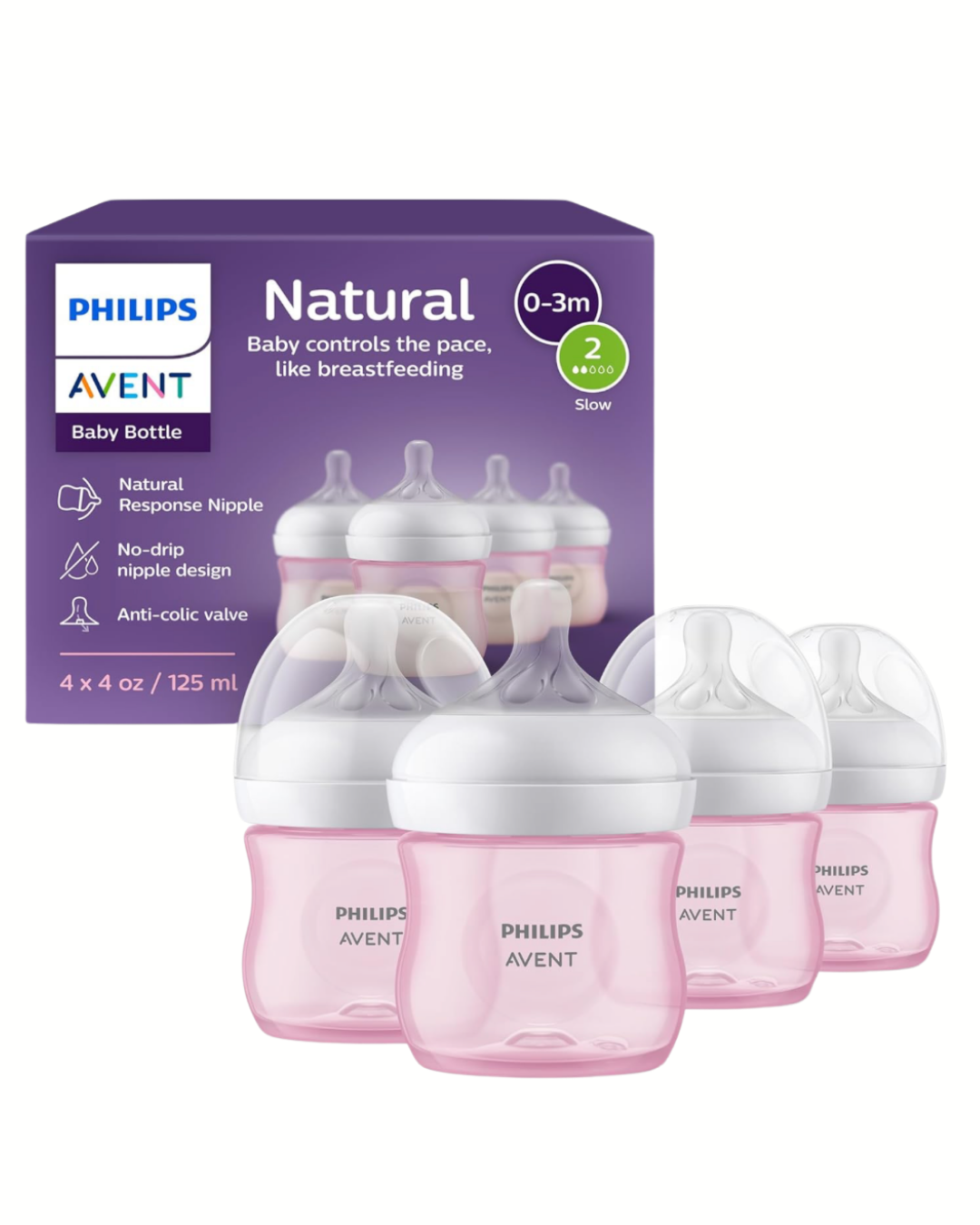 Avent Natural Reponse 3.0 Set de 4 biberones de 4 onz. con tetina no. 2, color rosado
