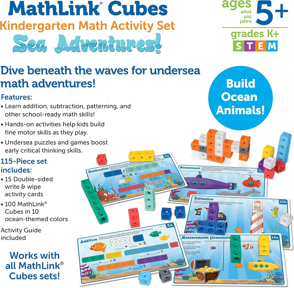 Learning Resources MathLink Cubes - Juego de actividades de matemáticas para jardín de infantes - 115 piezas, a partir de 5 años, juguetes de enseñanza STEM, juegos de jardín de infantes