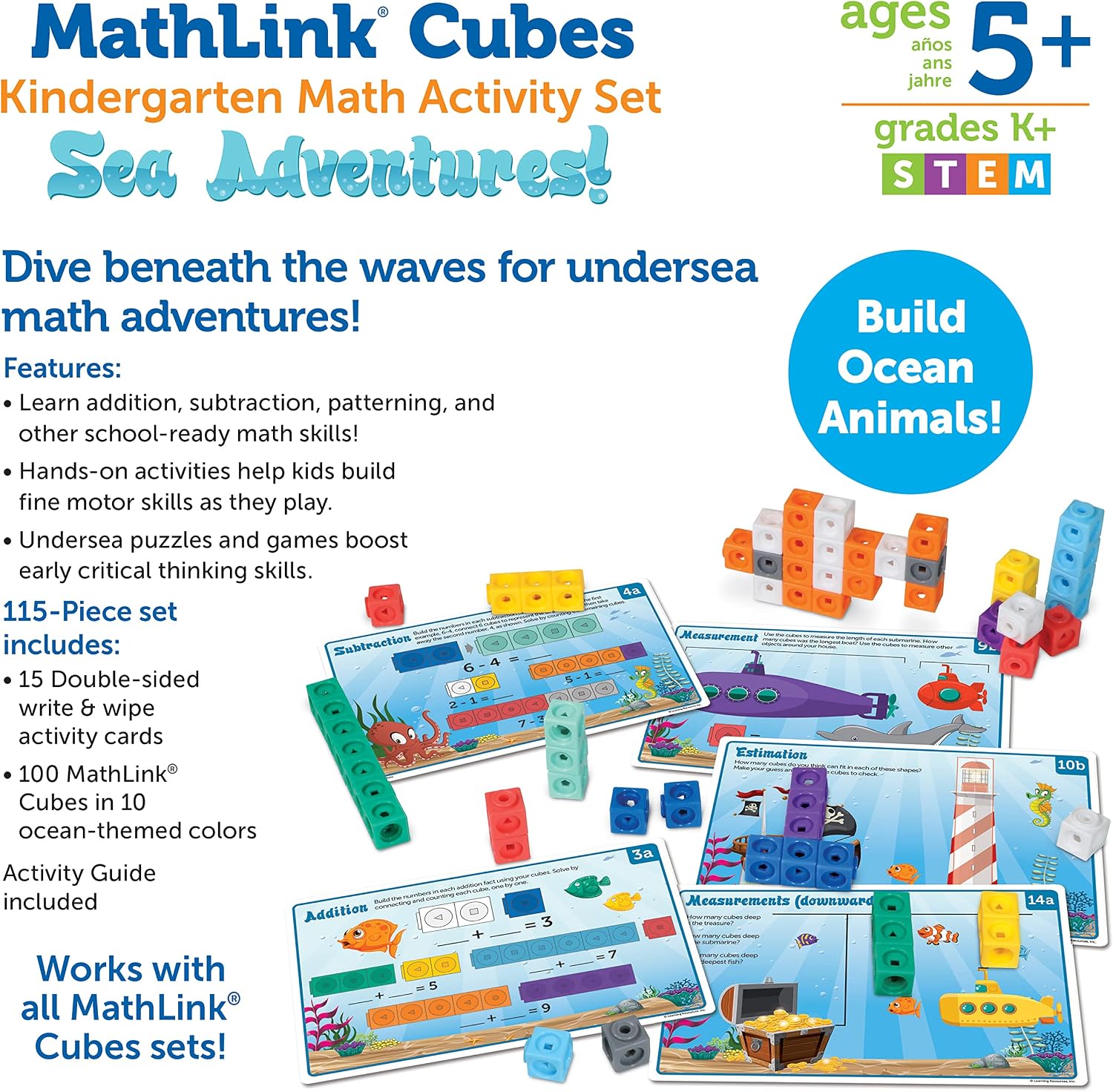 Learning Resources MathLink Cubes - Juego de actividades de matemáticas para jardín de infantes - 115 piezas, a partir de 5 años, juguetes de enseñanza STEM, juegos de jardín de infantes