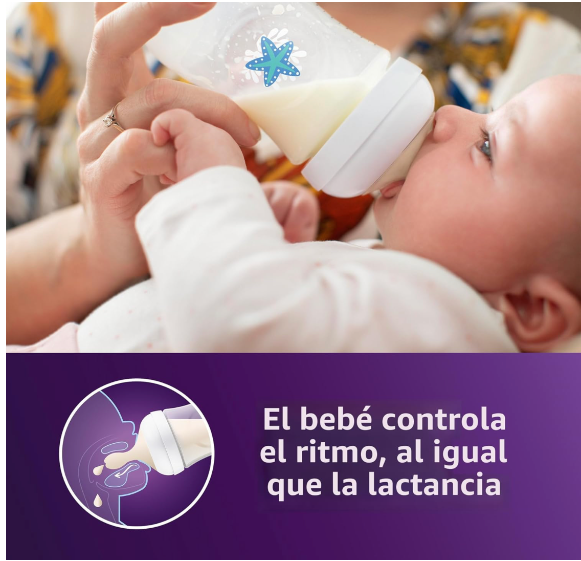 Avent Natural Reponse 3.0 Set de 4 biberones de 9 onz. con tetina no. 3, con diseño de caballito de mar y estrella de mar, paquete de 4