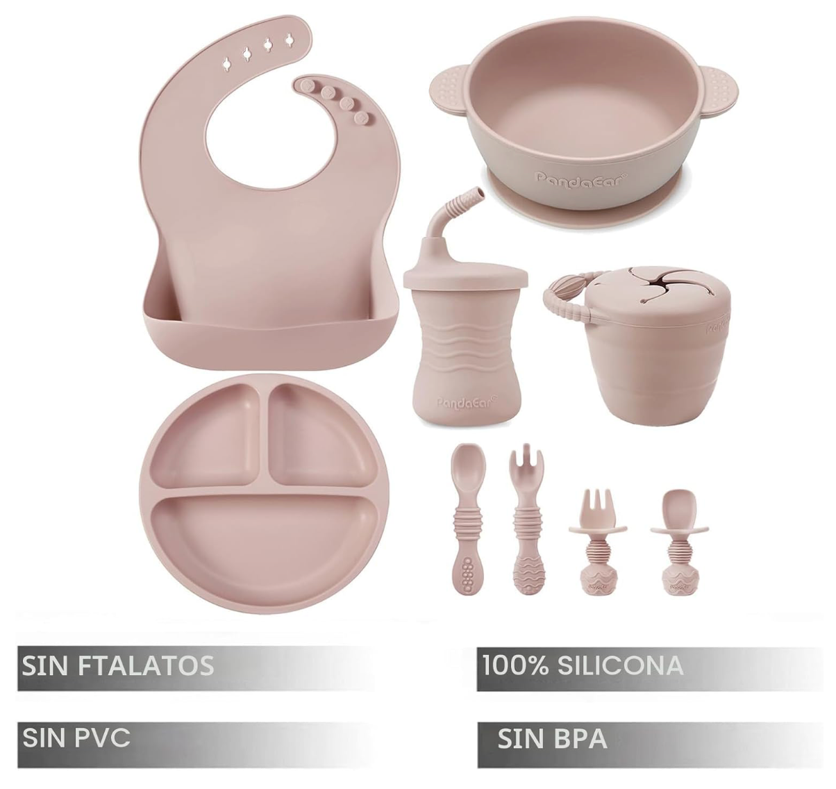 PandaEar, Juego de Alimentación de Bebé de Silicon, color rosa