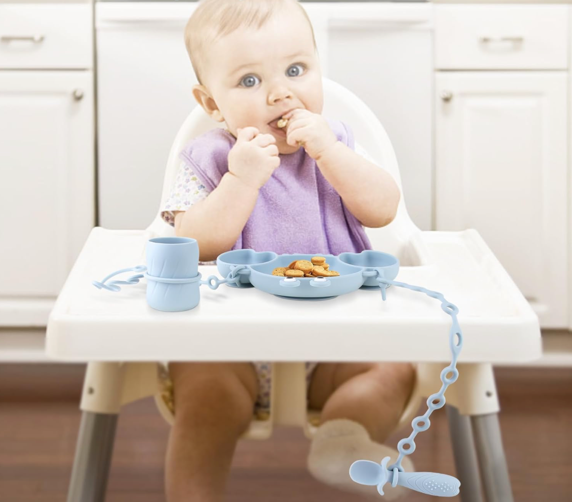 Set de alimentación para bebés de silicona, color celeste