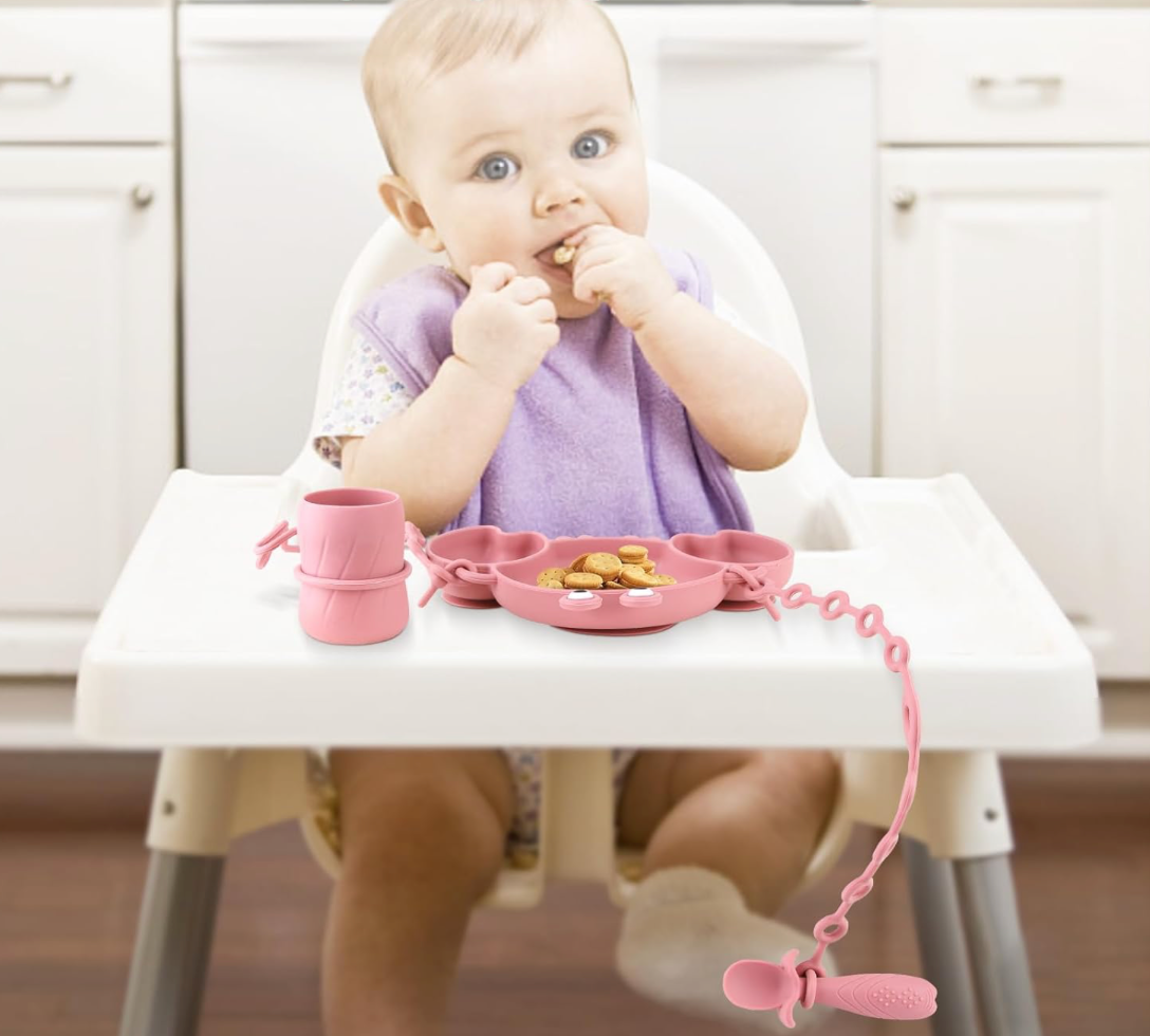 Set de alimentación para bebés de silicona, color rosado