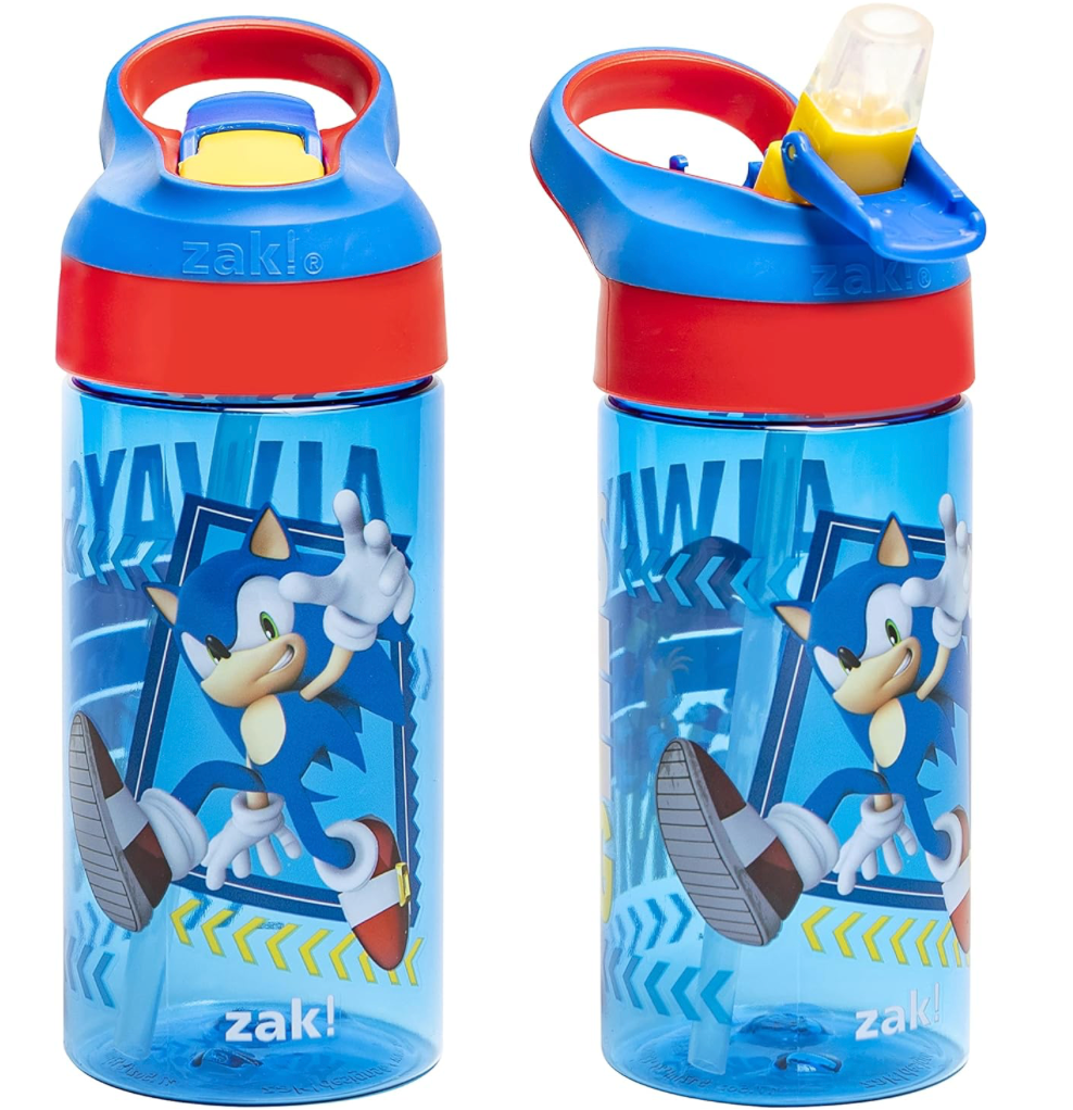 Zak Designs Sonic the Hedgehog - Botella de agua para niños con tapa de boquilla y lazo de transporte integrado, hecha de plástico duradero, diseño de botella de agua a prueba de fugas para viajes