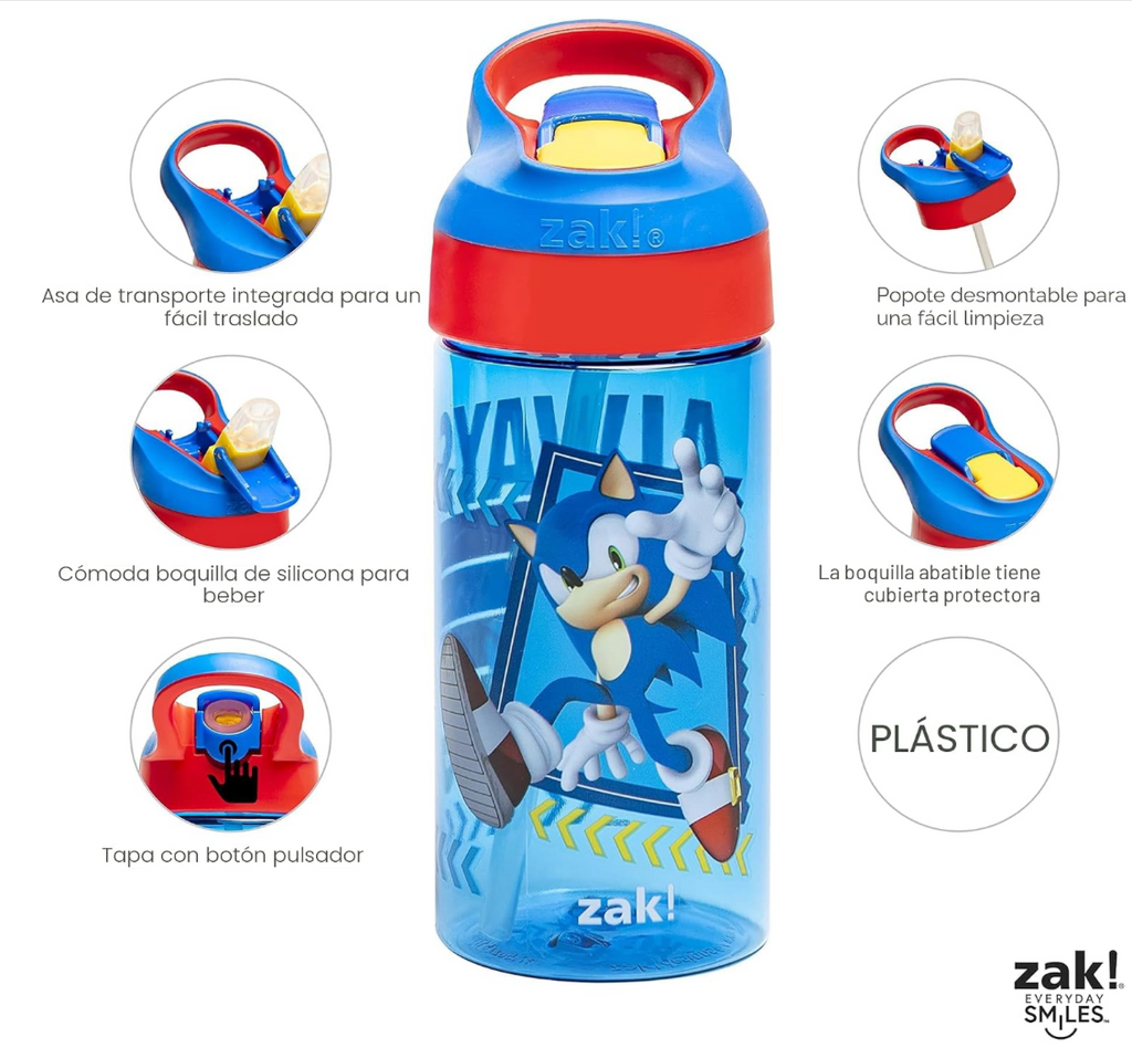 Zak Designs Sonic the Hedgehog - Botella de agua para niños con tapa de boquilla y lazo de transporte integrado, hecha de plástico duradero, diseño de botella de agua a prueba de fugas para viajes