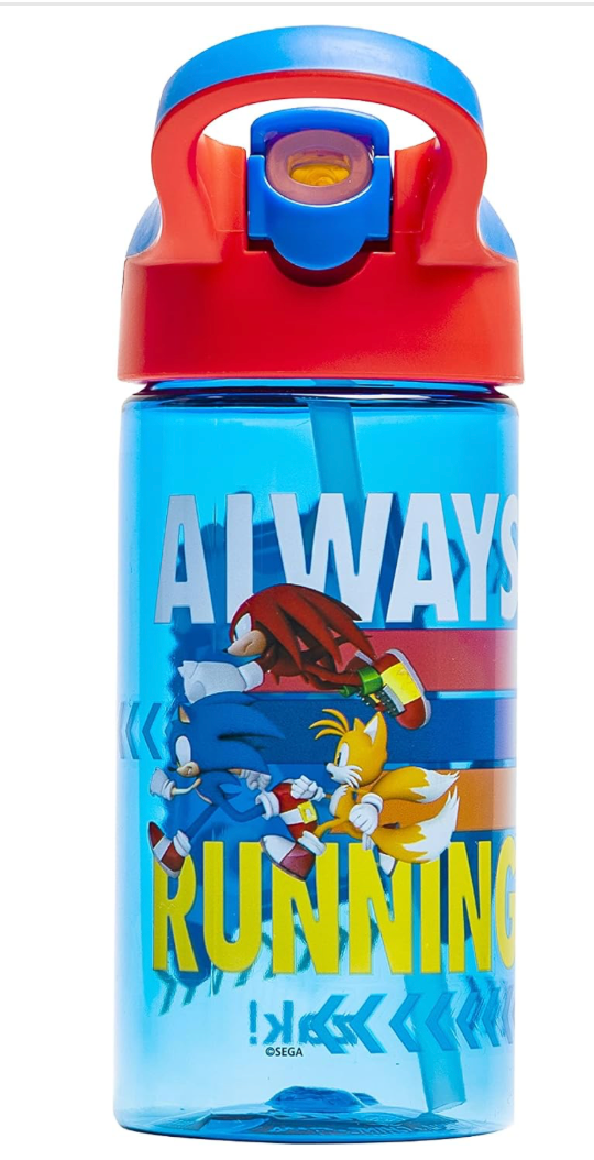 Zak Designs Sonic the Hedgehog - Botella de agua para niños con tapa de boquilla y lazo de transporte integrado, hecha de plástico duradero, diseño de botella de agua a prueba de fugas para viajes